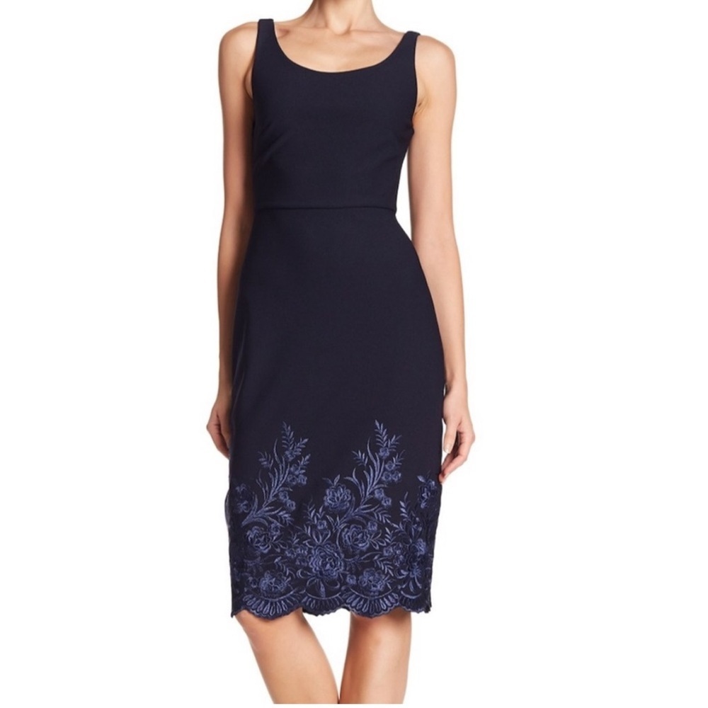 Betsey Johnson Women's Navy Blue Scuba Crepe Embroidered Midi Dress Size 8